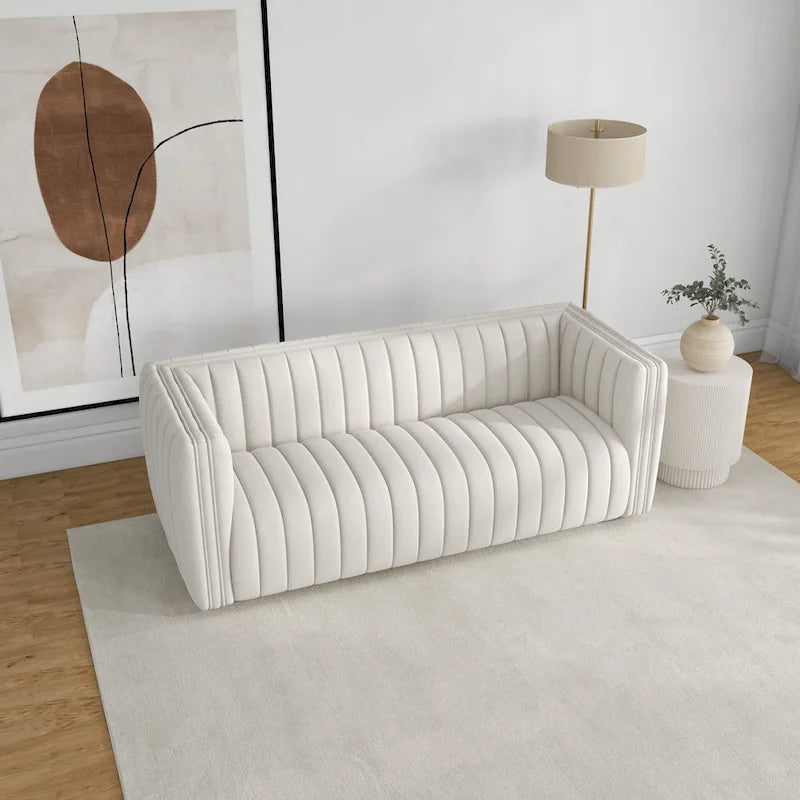 Mid-Century Modern Sofa - Cream Boucle, Tufted Back, Walnut Wood Legs, High-Density Foam - Image 3