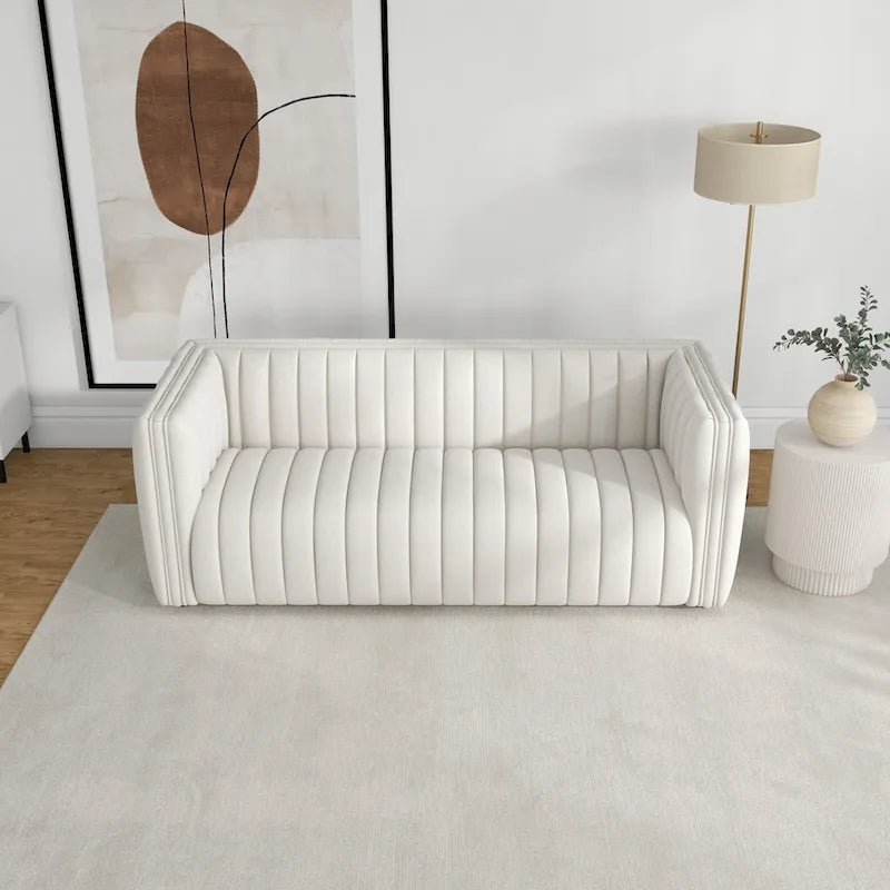 Mid-Century Modern Sofa - Cream Boucle, Tufted Back, Walnut Wood Legs, High-Density Foam - Image 4