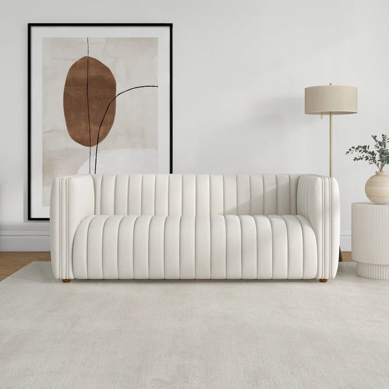 Mid-Century Modern Sofa - Cream Boucle, Tufted Back, Walnut Wood Legs, High-Density Foam - Image 5