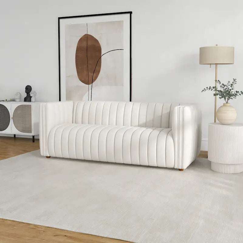 Mid-Century Modern Sofa - Cream Boucle, Tufted Back, Walnut Wood Legs, High-Density Foam - Image 6