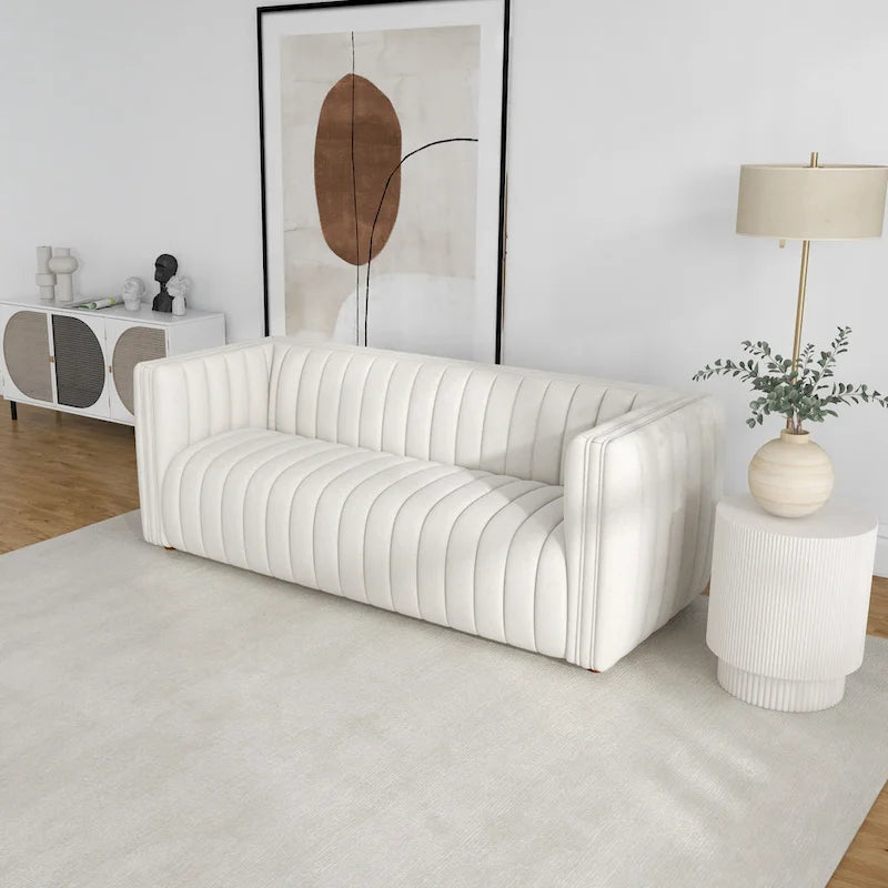 Mid-Century Modern Sofa - Cream Boucle, Tufted Back, Walnut Wood Legs, High-Density Foam - Image 7