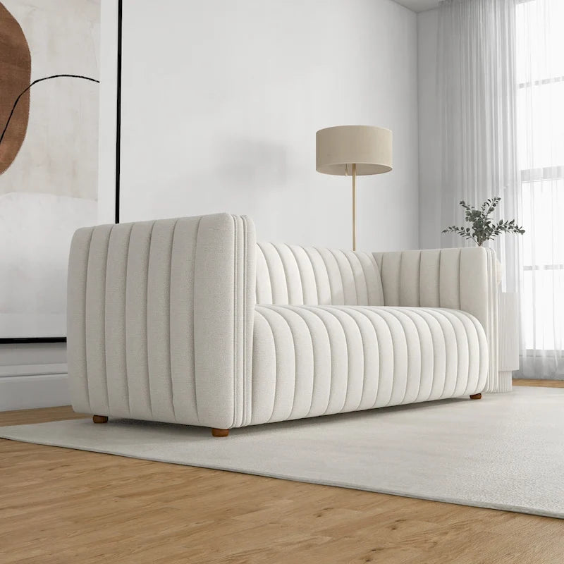 Mid-Century Modern Sofa - Cream Boucle, Tufted Back, Walnut Wood Legs, High-Density Foam - Image 8
